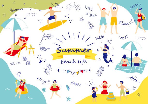 набор иллюстраций значков пляжных предметов и людей, наслаждающихся пляжной жизнью - water sport family inner tube sport stock illustrations