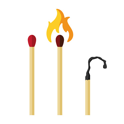 Set of matches. Three matches in cartoon style. A new match, a burning match, a burnt match. Vector illustration isolated on a white background for design and web.
