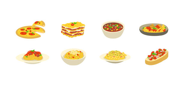 ilustraciones, imágenes clip art, dibujos animados e iconos de stock de conjunto de comida italiana - minestrone