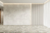 Contemporary bright empty interior with blank wall . 3d render illustration mockup.