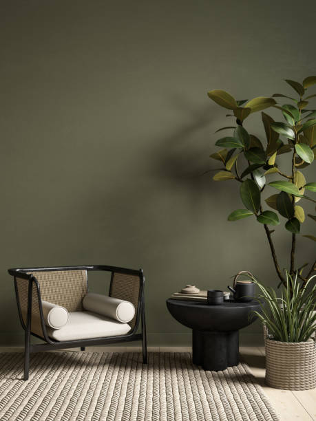 istock Green interior with armchair, plants and decor. 3d render illustration mockup. 1402815811