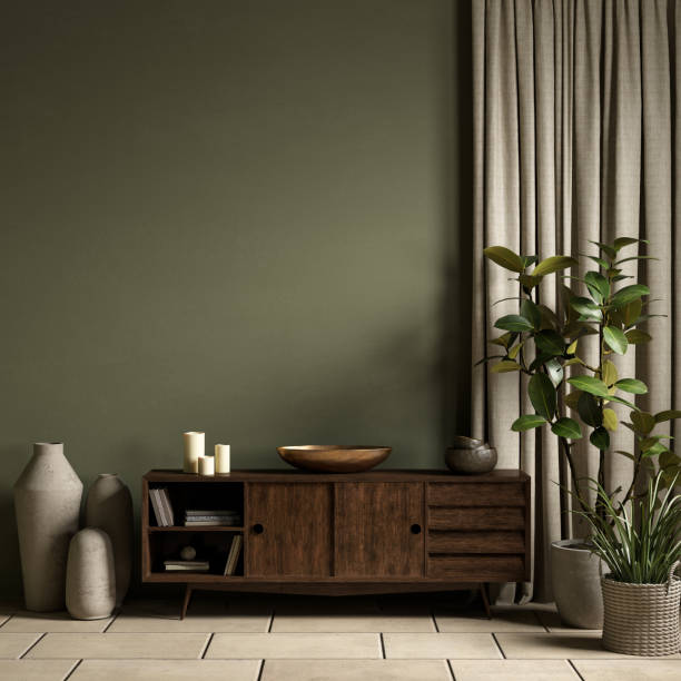 istock Green interior with dresser, curtain and decor. 3d render illustration mockup. 1402815871