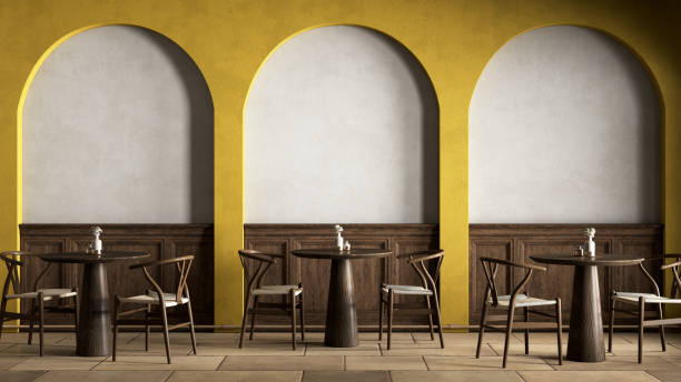 istock Interior with yellow arcs, dinner tables and wall panel. 3d render illustration mockup. 1402816039