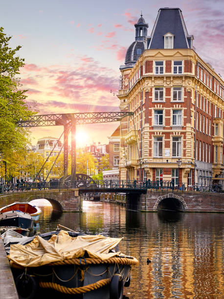 Amsterdam, Netherlands. Autumn sunset scene with scenic channels stock photo
