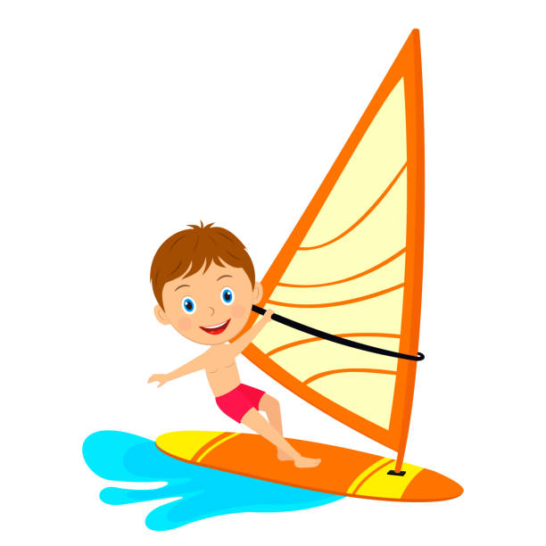 Young boy windsurfing  in the sea Young boy windsurfing  in the sea,illustration vector extreem weer stock illustrations