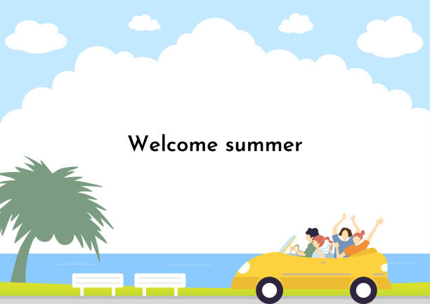 ilustrações de stock, clip art, desenhos animados e ícones de beach landscape and young people enjoying driving - driving car drive women