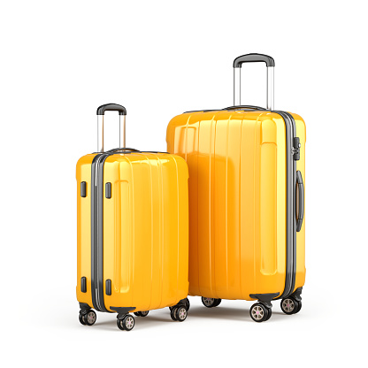 Pair of Stylish Orange Suitcases on wheels isolated on white. Travel concept - suitcase on wheels 3d icon. 3d rendering