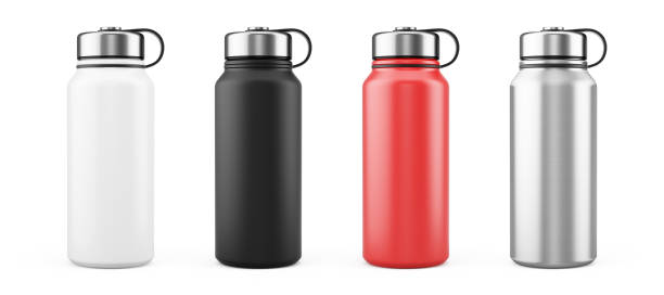 blanco, negro, rojo y plata vacío termo de metal brillante botella de agua aislada sobre blanco. renderizado 3d - insulated drink container fotografías e imágenes de stock
