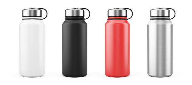 White, Black, Red and Silver Empty Glossy Metal Thermos Water Bottle Isolated on White. 3d rendering