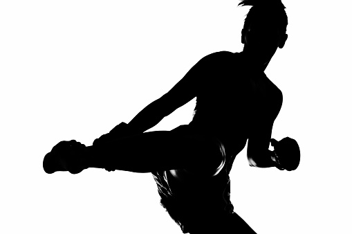 one  caucasian woman Javelin thrower in silhouette isolated white background