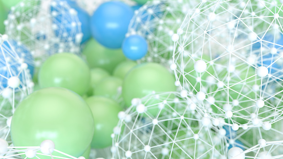 Abstract spheres molecular structure neural network.  Blockchain and artificial intelligence concept. 3d render.