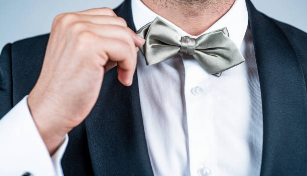 elegante papillon color argento indossato con smoking stile moda formale, eleganza - suit necktie close up gray foto e immagini stock