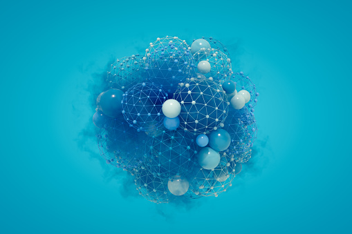 Abstract spheres molecular structure neural network.  Blockchain and artificial intelligence concept. 3d render.