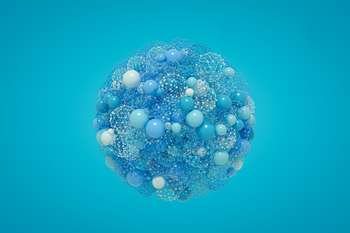 Abstract spheres molecular structure neural network.  Blockchain and artificial intelligence concept. 3d render.