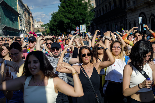 Rome, Italy - June 11, 2022: The pride of the LGBTQ community returns to demonstrate in the streets of Rome. Thousands of people marched on the streets of the capital for civil rights and love. Godmother of the event was the Roman singer Elodie.