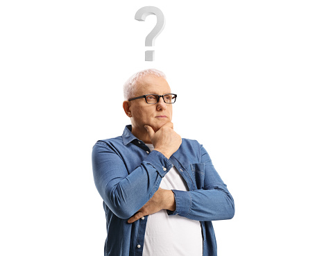 Doubtful mature man with a question mark above his head isolated on white background