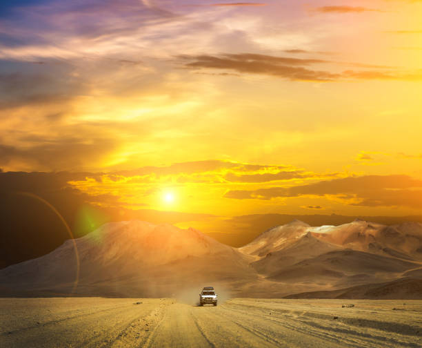 istock Tourists in car passing desert 1402827193