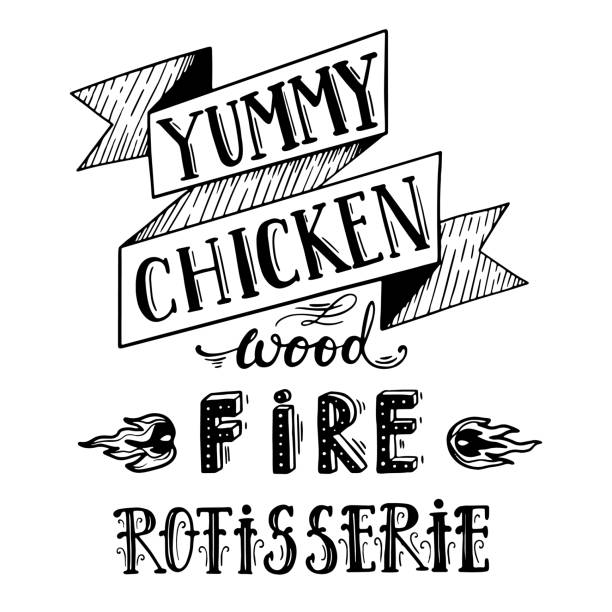 Yummy chicken, wood fire rotisserie slogan. Hand lettering inscription. Lettering vector illustration. Hand drawn. Vintage style