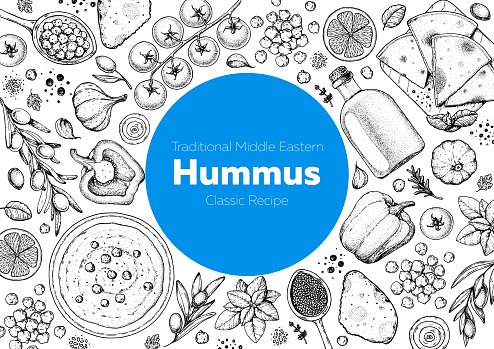 Hummus cooking and ingredients for hummus, sketch illustration. Middle eastern cuisine frame. Healthy food, design elements. Hand drawn, package design. Middle eastern food.