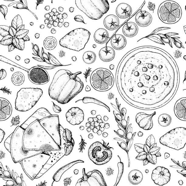 Hummus cooking and ingredients for hummus, sketch illustration. Seamless pattern Middle eastern cuisine frame. Healthy food, design elements. Hand drawn, package design. Mediterranean food. Vegan menu. Hummus cooking and ingredients for hummus, sketch illustration. Seamless pattern Middle eastern cuisine frame. Healthy food, design elements. Hand drawn, package design. Mediterranean food. Vegan menu lebanese culture stock illustrations