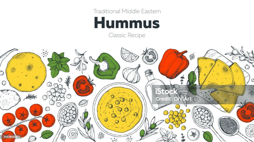 Humms Frame Design Hummus Cooking And Ingredients For Hummus Sketch Illustration Middle ...