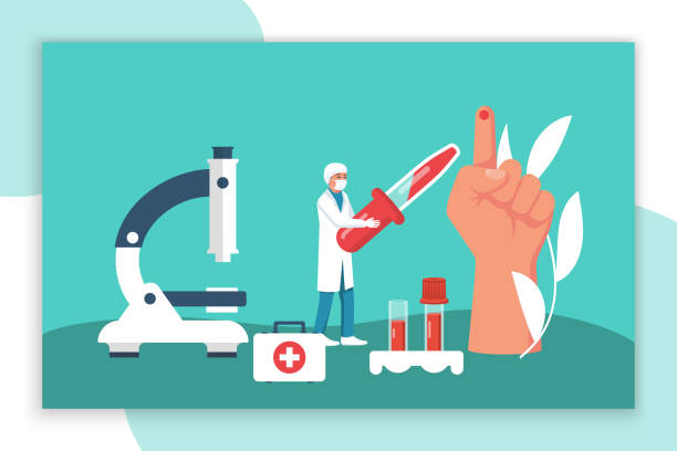 lekarz trzyma rękę próbkę krwi w probówce. strona docelowa medyczna. - laboratory blood laboratory equipment medical sample stock illustrations