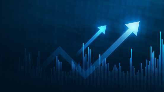 Up arrows over blue financial graph background. Horizontal composition with selective focus and copy space. Investment, stock market data and finance concept.