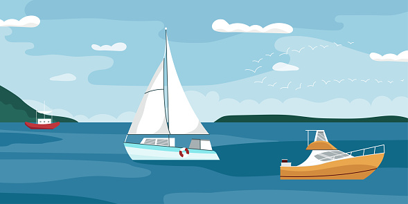 Summer seascape with sail boats, ships floating in sea. Passenger sailboats, speedboats, yachts in ocean. Color flat vector illustration of beautiful harbor with sky horizon with clouds and birds