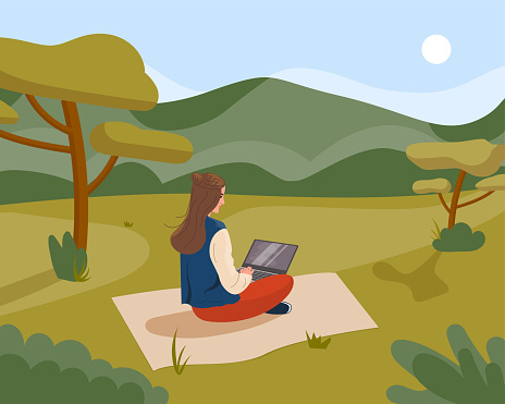 Happy young woman sitting on blanket in nature and surfing internet. Freelancer working on laptop outdoors. Working away from home. Color flat vector illustration