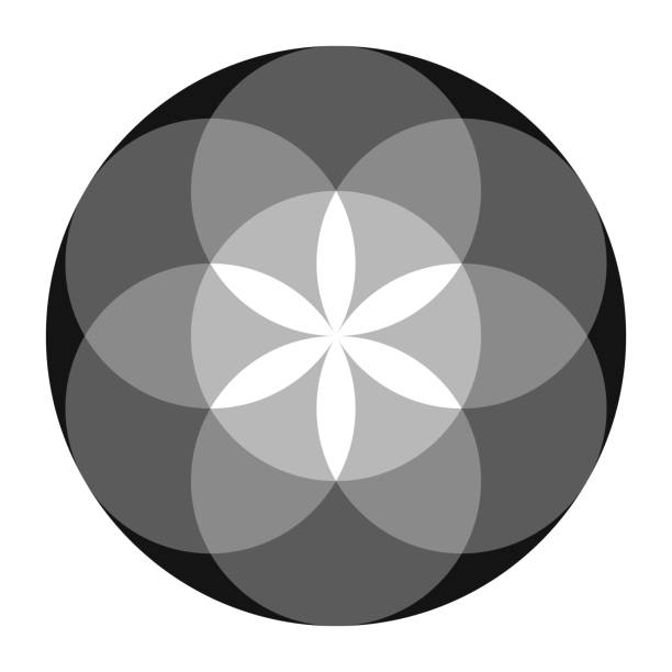 Grayscale colored Seed of Life, preform of the Flower of Life Grayscale colored Seed of Life. Ancient geometric figure, spiritual symbol and Sacred Geometry. Overlapping circles forming a flower like pattern, the preform of the Flower of Life. Isolated. Vector. coating outer layer stock illustrations