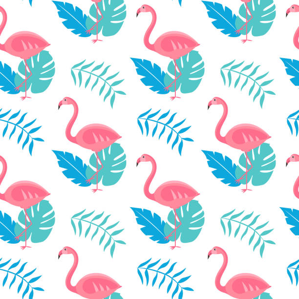 illustrazioni stock, clip art, cartoni animati e icone di tendenza di fenicottero rosa con foglie tropicali. modello senza cuciture. può essere utilizzato per lo sfondo, riempire lo sfondo della pagina web, le trame della superficie - white pink flamingo blue