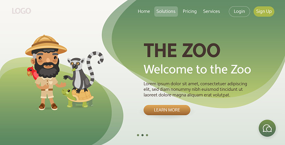 Welcome to the Zoo website template. Illustration of a cartoon zookeeper with a parrot on his shoulder is caring for an animal lemur and a turtle. Composition with a professional. Flat male character.
