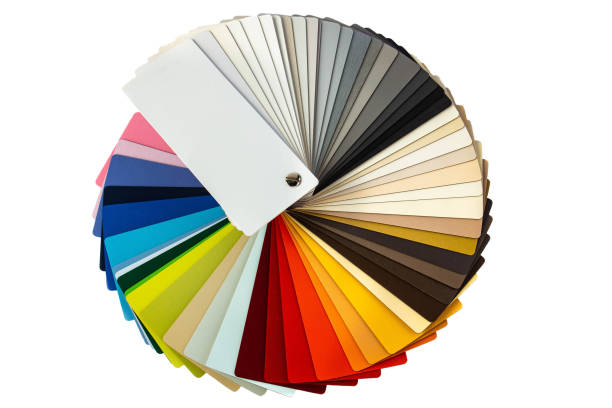 istock Color guide displaying a range of hues for use in interior design and decoration. Colorful color guide with palette of paint samples on white background with copy space. Catalog for tinting 1402836729