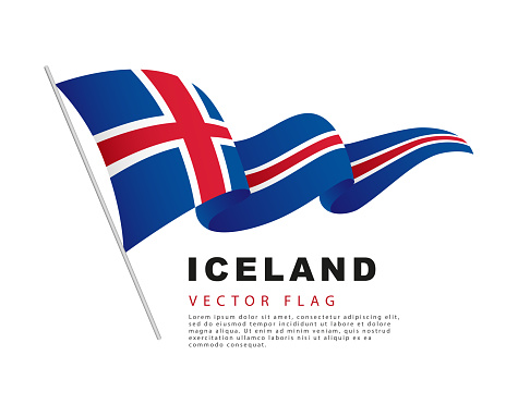 The flag of Iceland hangs on a flagpole and flutters in the wind. Vector illustration isolated on white background. Colorful Icelandic flag logo.