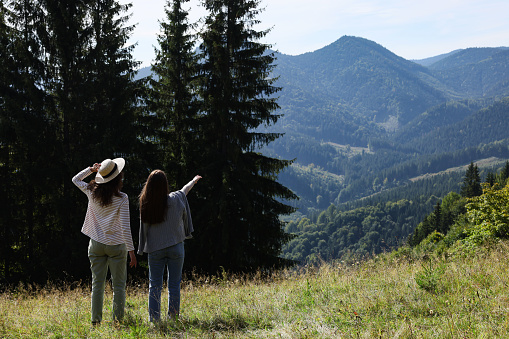 Women enjoying mountain landscape on sunny day, back view. Space for text