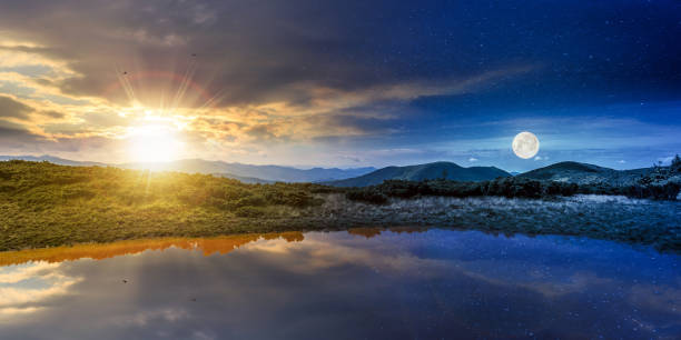 landscape with lake in summer at twilight