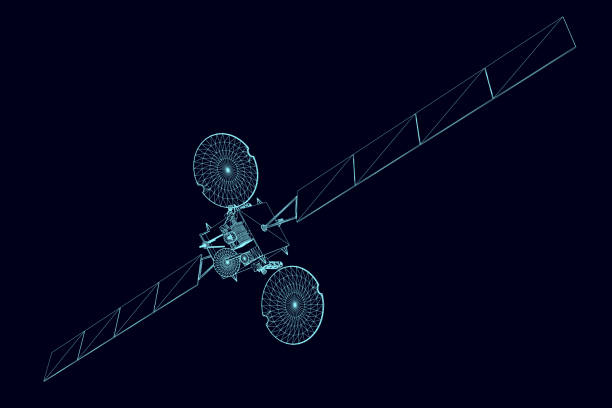 illustrazioni stock, clip art, cartoni animati e icone di tendenza di wireframe del satellite spaziale da linee blu isolate su sfondo scuro. vista prospettica. 3d. illustrazione vettoriale. - antenna parabolica