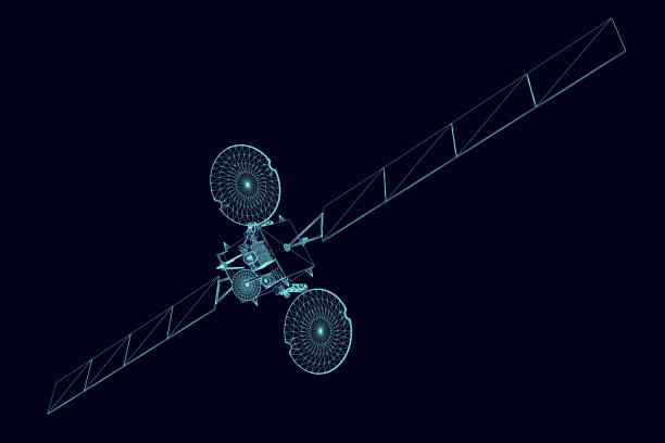 kosmiczny szkielet satelitarny z niebieskich linii izolowanych na ciemnym tle. widok perspektywiczny. 3d. ilustracja wektorowa. - satellite dish stock illustrations