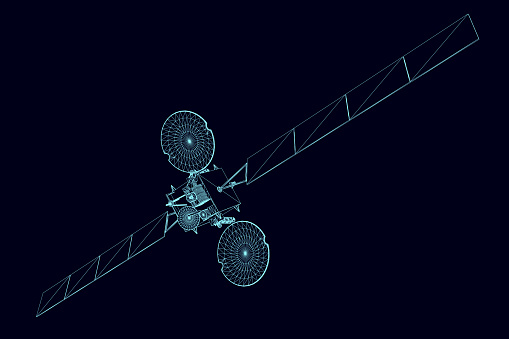 Space satellite wireframe from blue lines isolated on dark background. Perspective view. 3D. Vector illustration.