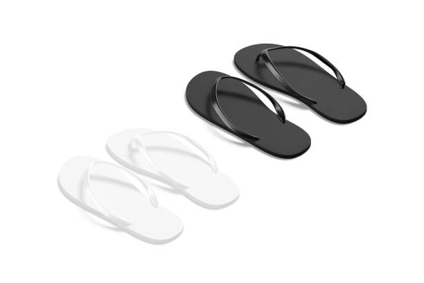 istock Blank black and white beach slippers mockup, side view 1402841497