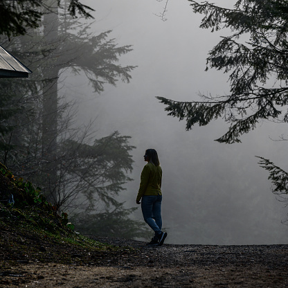 A woman like a ghost walks through the misty forest, the fear and mystery of the fog in the woods,walk in the fog.