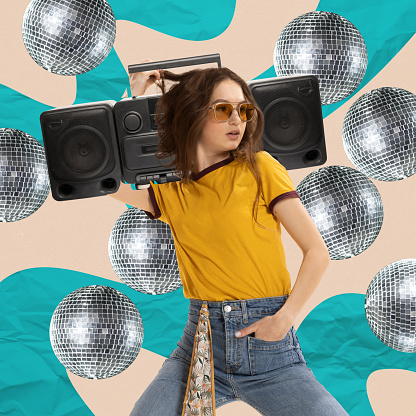 Contemporary art collage. Creative design with stylish young girl having party, enjoying music isolated oevr multicolored background with disco balls. Concept of party, fun, celebration, enjoyment