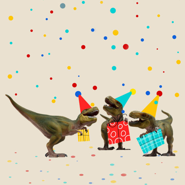 istock Contemporary art collage. Creative colorful design with three dinosaurs with presents having celebration 1402843308