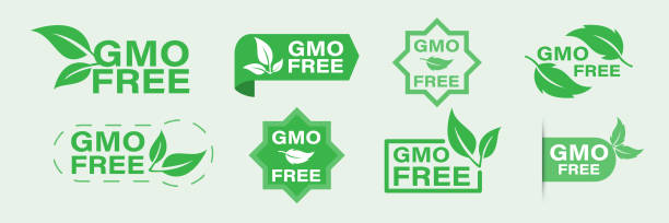 GMO free icons. Healthy food concept. Organic cosmetics. Non-GMO labels. Isolated vector illustration. Healthy food concept. Organic cosmetics. GMO free icons. genetic modification stock illustrations