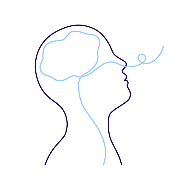 stockillustraties, clipart, cartoons en iconen met breathing exercise, deep breath through nose for benefit and useful work brain. art line drawing. healthy yoga and relaxation. vector outline illustration - breathing