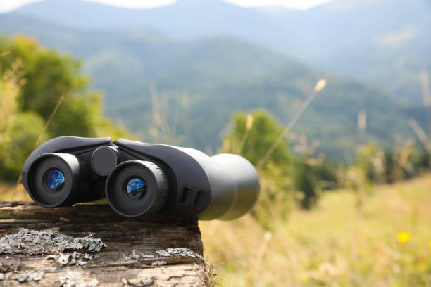 istock Modern binoculars on wooden log outdoors, space for text 1402844557