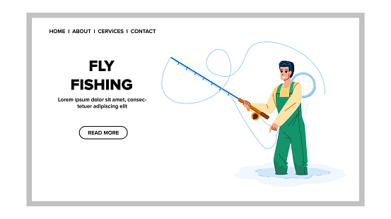 fly fishing vector. river fisherman, salmon fish tour, sport equipment fly fishing character. people flat cartoon illustration