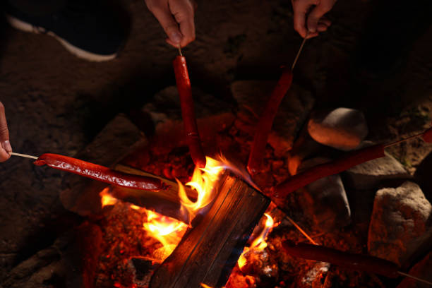 People roasting sausages on campfire outdoors at night, closeup