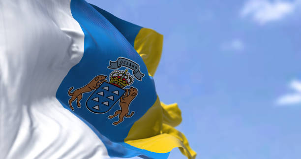 la bandiera delle isole canarie sventola al vento in una giornata limpida - dog patriotism flag politics foto e immagini stock