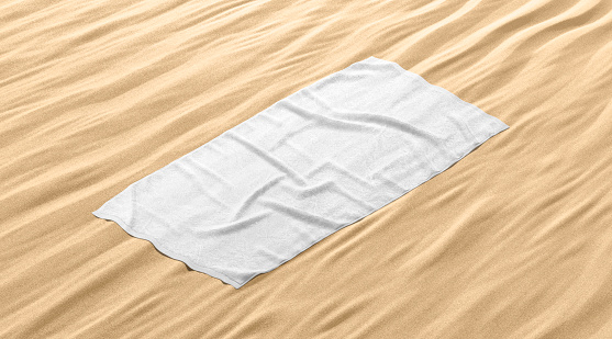 Blank white crumpled unfolded big towel mockup, sand background, 3d rendering. Empty rectangular soft terry on beach sandy surface, side view. Clear dry cotton micorfiber template.